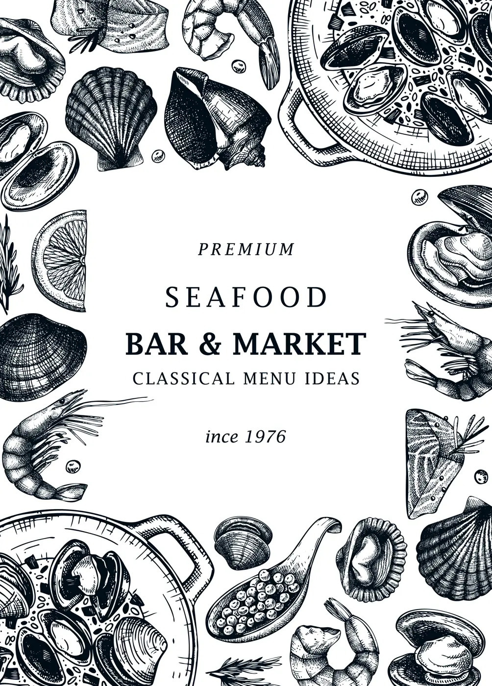 Hand-drawn seafood and fish vector menu template. Hand sketched cooked sea food illustrations. Vintage shellfish hand-drawing. Mollusks and shrimps card or banner design in sketched style.  Illustration